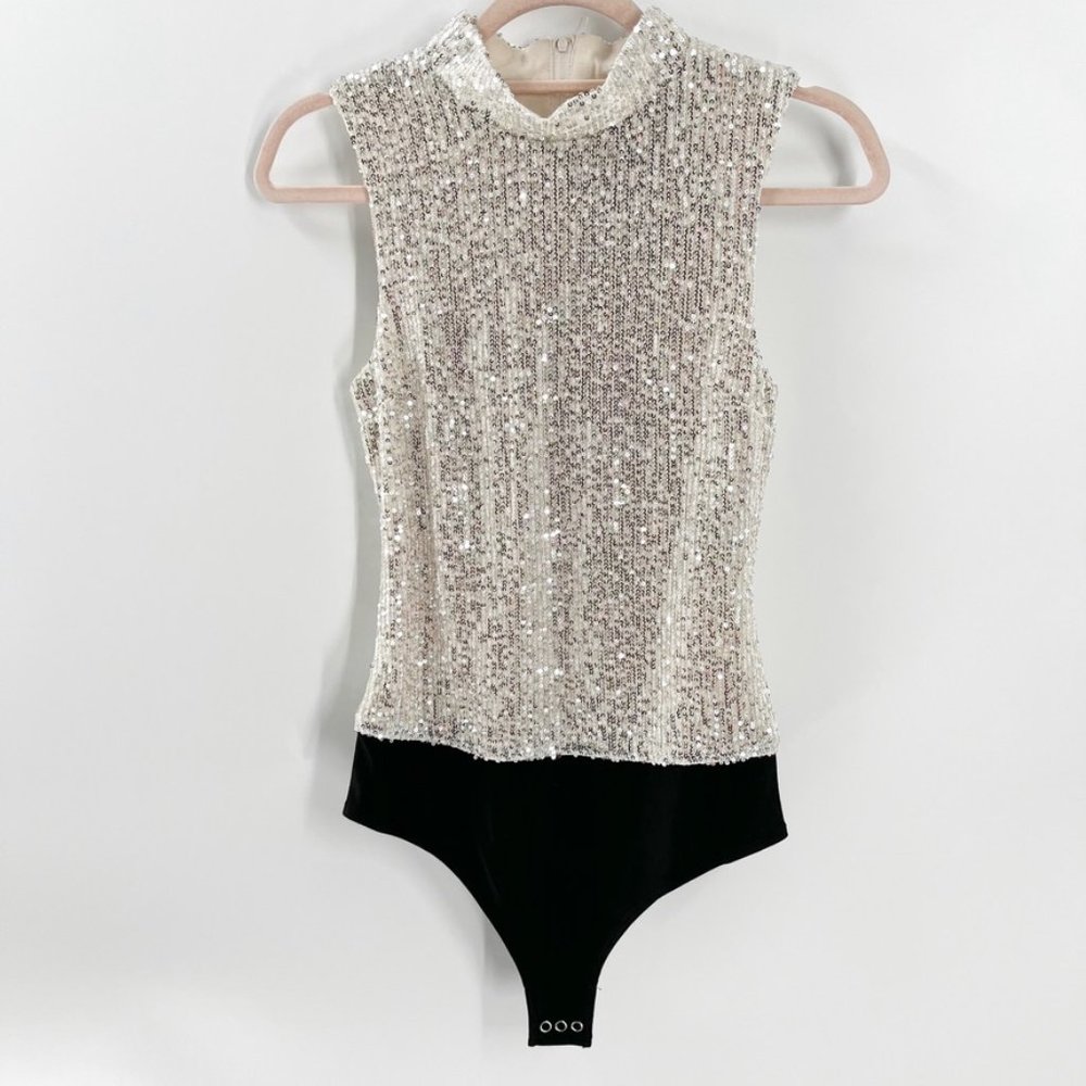 7 For All Mankind Sequin Mock-neck Sleeveless Bodysuit Size S NWT